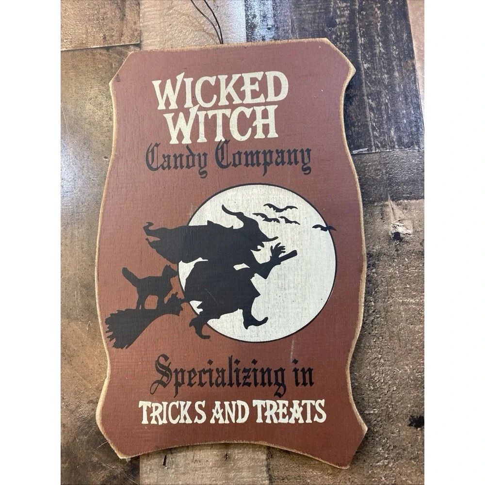 Sign Wall Decor Wood Halloween wicked witch tricks and treats bat Cat Moon‎
